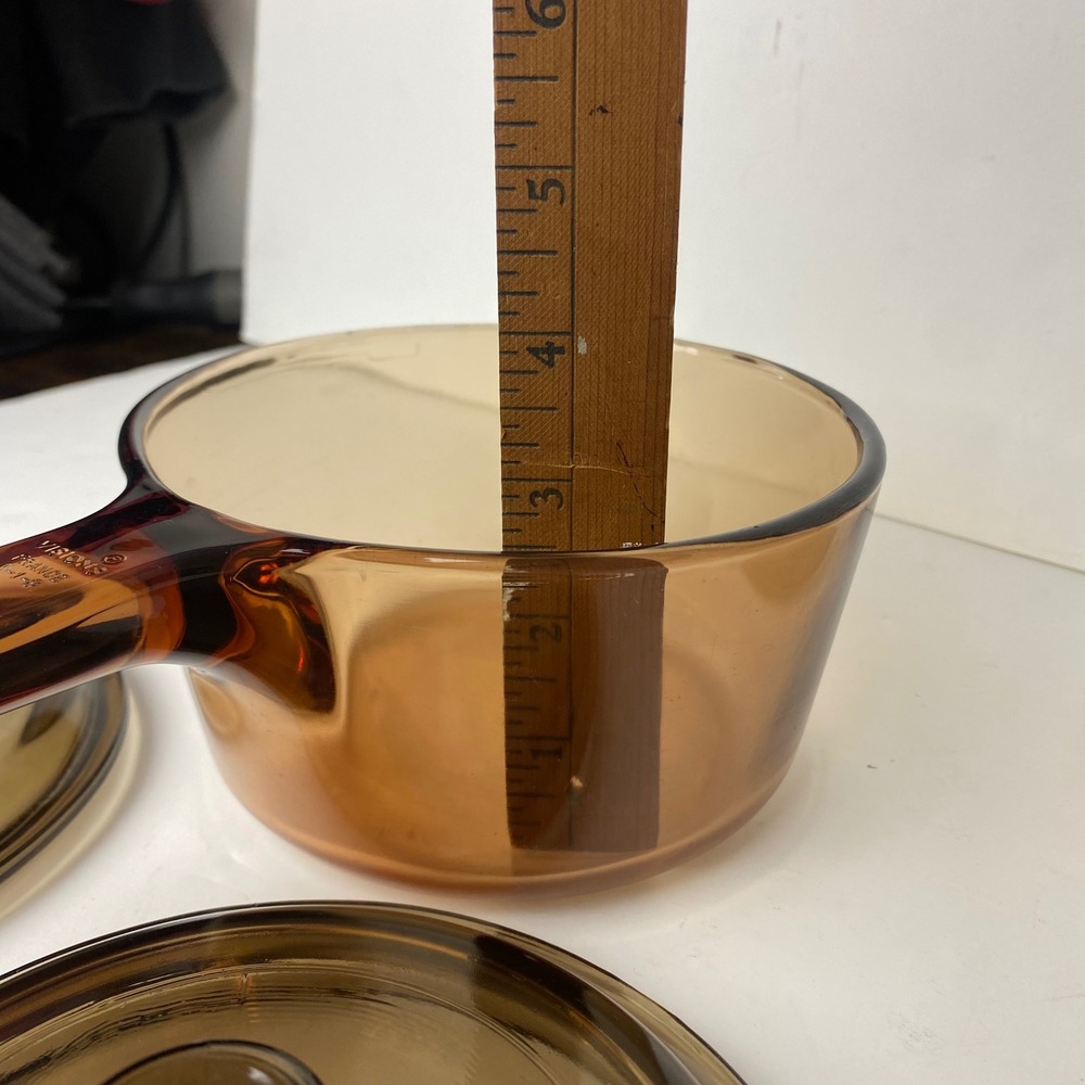 Vintage Visions Corning Amber Glass Saucepan Set 1L 1.5L V-1-B France with Lids - Picture 8 of 14